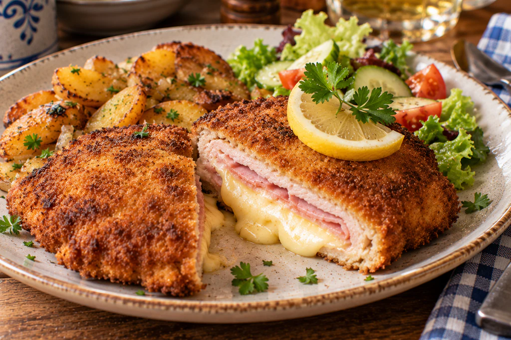 Wenn das Braumeistersteak aufgeschnitten wird, kommt die Überraschung ans Licht: Im Inneren verstecken sich Schinken und geschmolzener Käse.