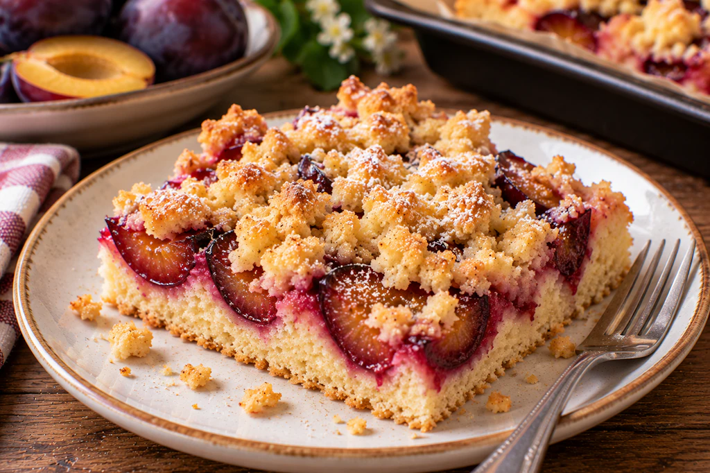 Pflaumenkuchen mit Streuseln vom Blech darf im Spätsommerauf keiner Kaffeetafel fehlen. 