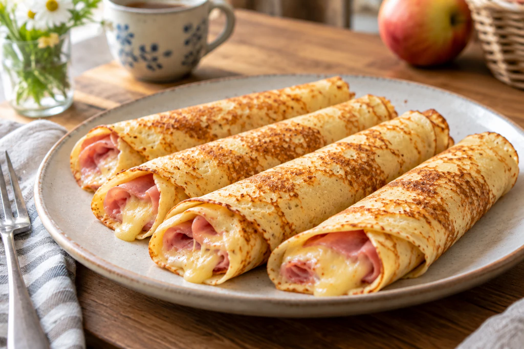 Wenn Sie es herzhaft mögen, können Sie Pfannkuchen auch mit Schinken und Käse servieren. Guten Appetit!