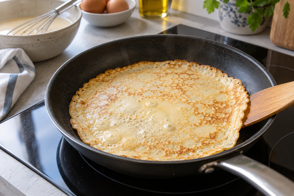 Die Pfannkuchen werden in einer Pfanne vorsichtig angebraten und dann gewendet, damit sie von beiden Seiten goldbraun werden. Bitte nur bei mittlerer Hitze, damit nichts anbrennt.