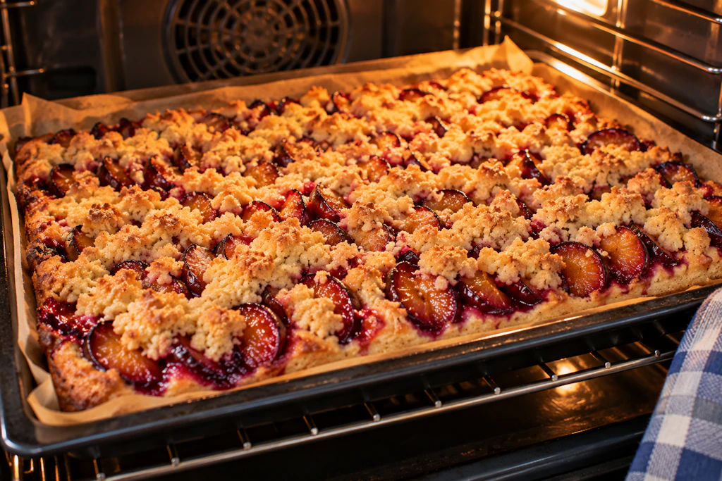 Im Backofen werden die Streusel auf dem Pflaumenkuchen vom Blech herrlich knusprig.