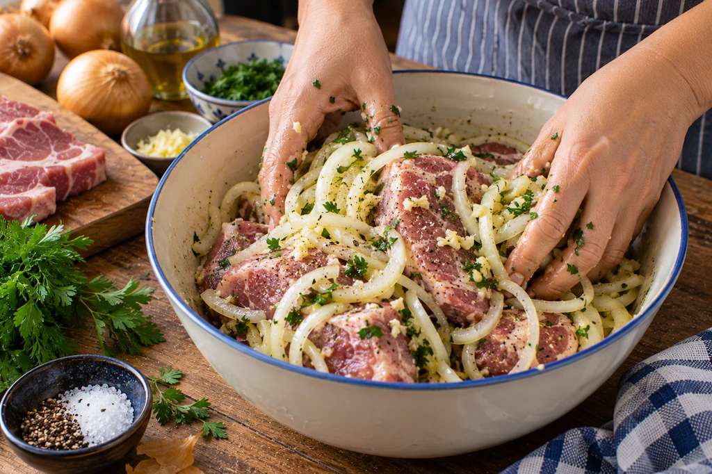 Fleisch, Zwiebeln, Knoblauch und Gewürze werden zu einer deftigen Marinade, in der das Fleisch für eine ganze Weile durchziehen muss. Das macht das Prignitzer Zwiebelfleisch besonders aromatisch.