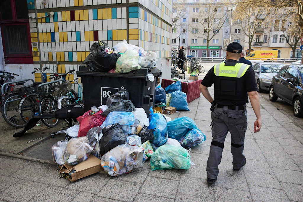 Mitarbeiter vom Lichtenberger Ordnungsamt sind in der Löwenburger Straße unterwegs, um Müllsünder zu identifizieren.