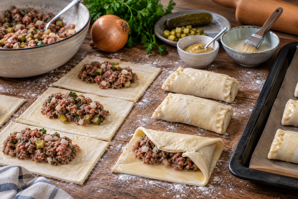 Schnelle Füllung, einfaches Rezept: Die Blätterteigröllchen sind dank fertigem Blätterteig sehr schnell im Ofen. da bleibt mehr Zeit für andere Dinge!