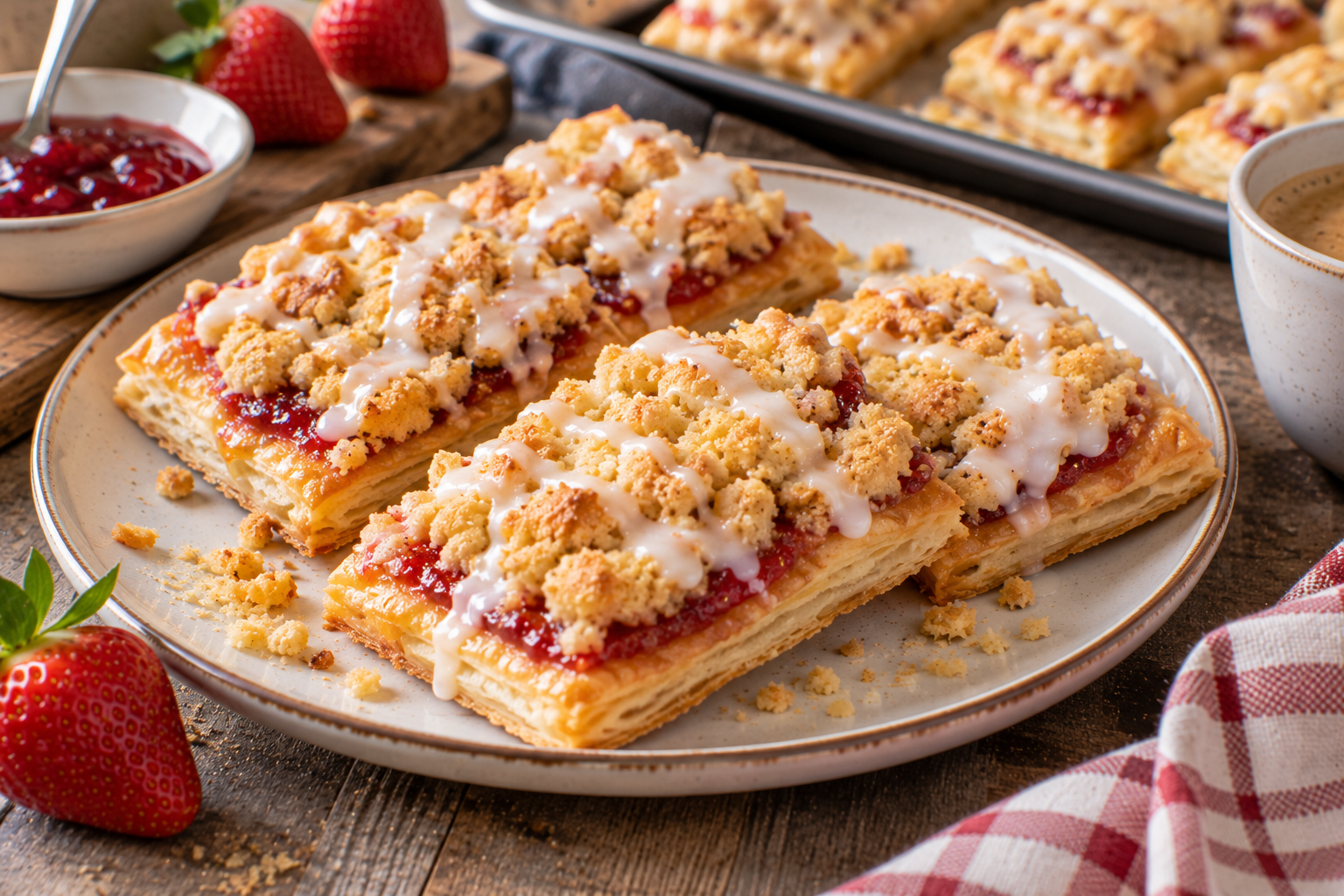 Prasselkuchen mit Erdbeermarmelade: Wenn Blätterteig auf Streusel trifft