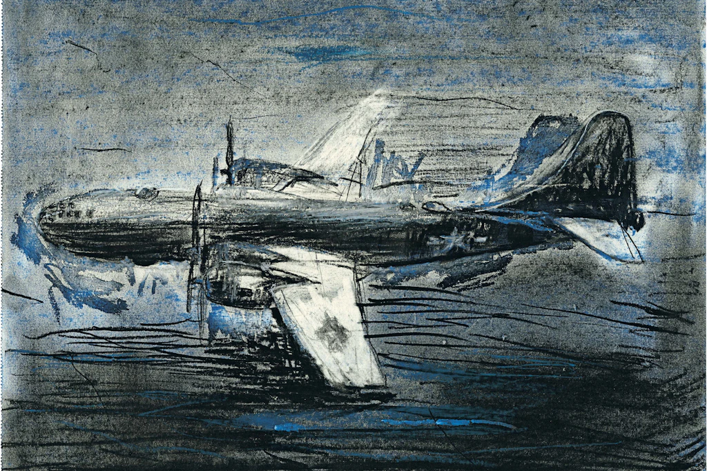 „Bomber Blau“, 2012, Holzkohle, Öl, Pastellkreide, aus der „Sowjetischen Serie“, zum Thema Krieg, historisch wie gegenwärtig