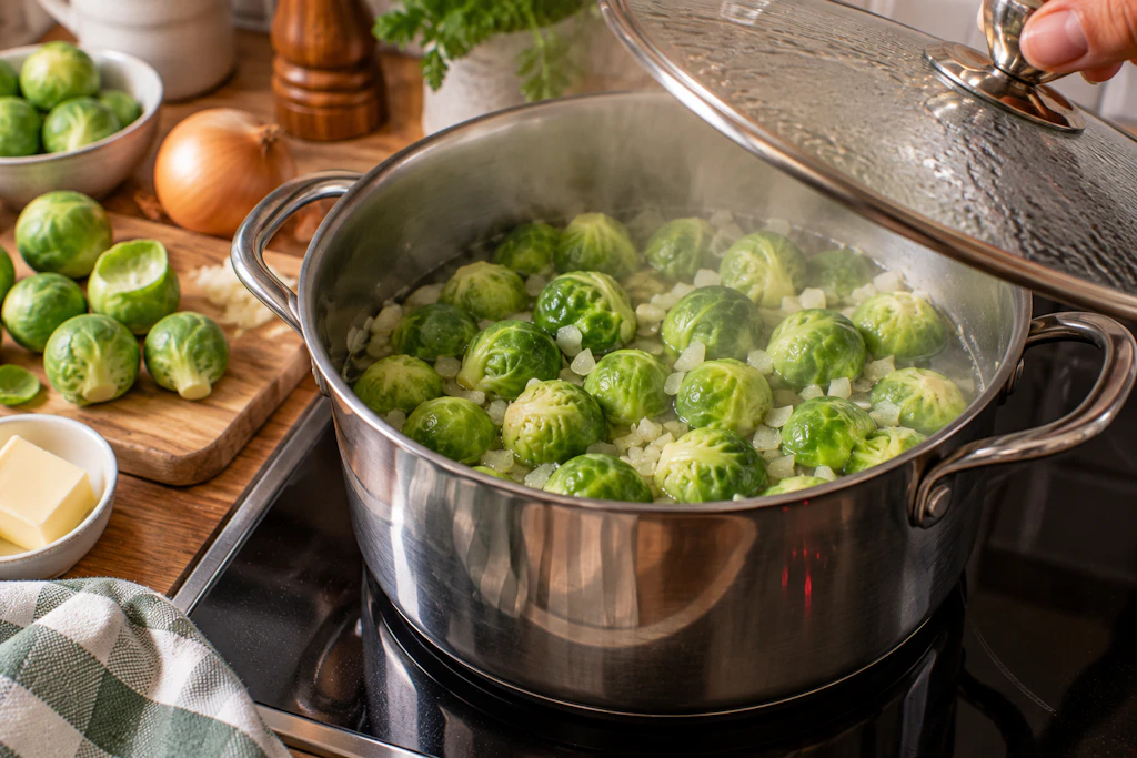 Der Rosenkohl wird in einem Topf schonend vorgegart und erst danach mit der Sahnesoße vermengt. So entsteht das perfekte cremige Gemüsegericht. Lecker!
