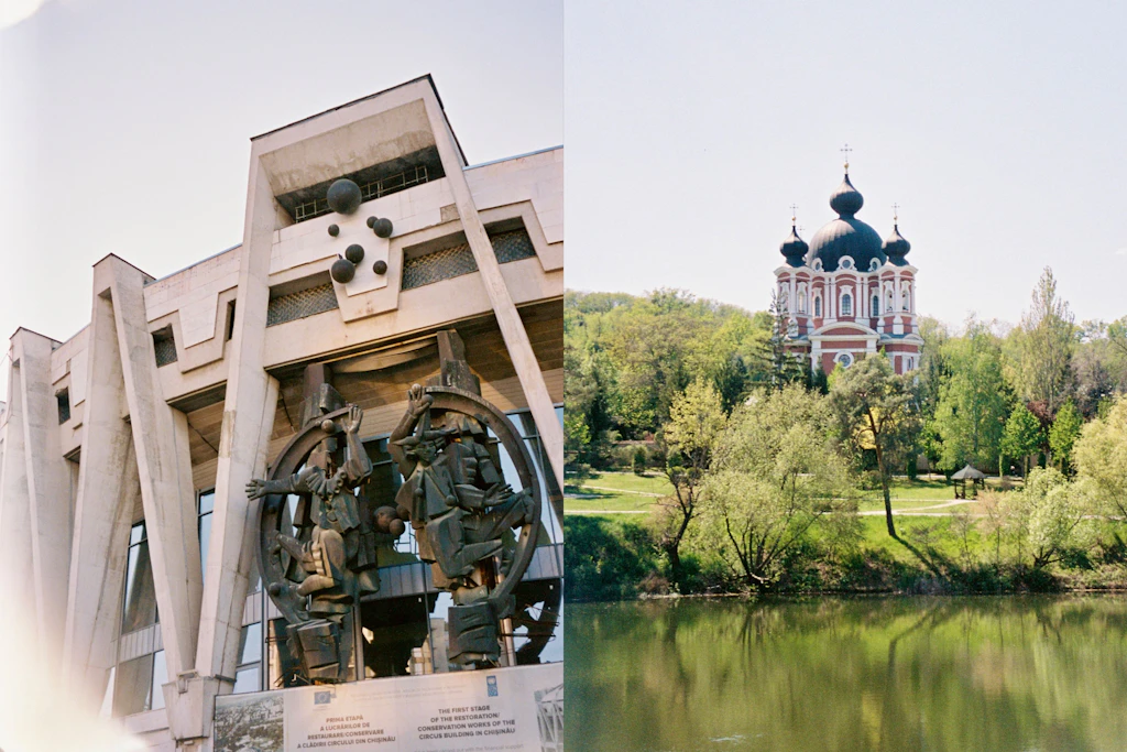 Links: Ikone des sowjetischen Brutalismus: das Zirkusgebäude von 1982, davor die Bronzeskulptur von Valeriu Rotari. Rechts: Dunkle Zwiebelkuppeln über rotem Backstein: das Kloster Curchi, eine Autostunde von Chișinău entfernt, spiegelt sich im Wasser.