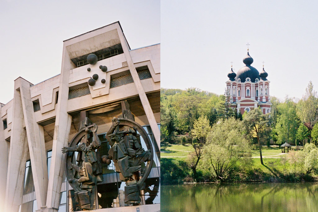 Links: Ikone des sowjetischen Brutalismus: das Zirkusgebäude von 1982, davor die Bronzeskulptur von Valeriu Rotari. Rechts: Dunkle Zwiebelkuppeln über rotem Backstein: das Kloster Curchi, eine Autostunde von Chișinău entfernt, spiegelt sich im Wasser.