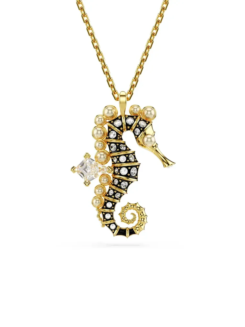 Anhänger „Idyllia Seepferdchen“ aus 18 Karatvergoldetem Metall mit Kristallperlen und Kristallen, Swarovski, 149 Euro.
