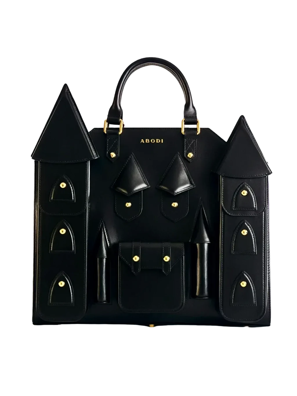 Der perfekte Begleiter für die Nachtschicht:&nbsp;Die „Vampire Castle Bag“ aus schwarzem Leder mit markanten Turmdetails und goldenen Elementen.