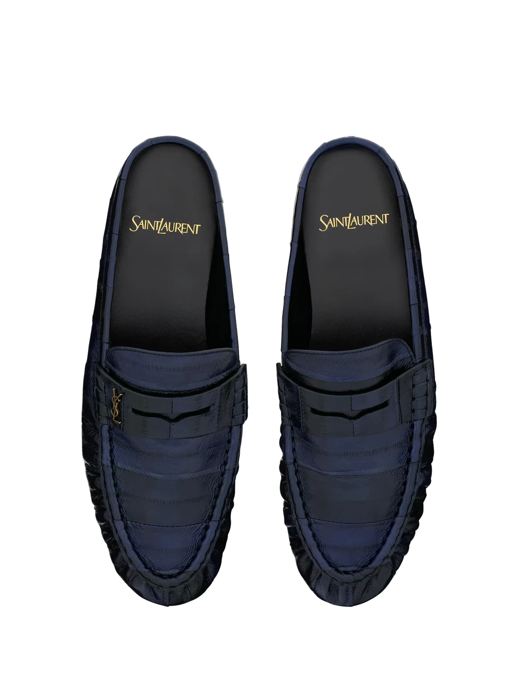 Pantoletten „Le Loafer“ aus Fishskin mit Ledersohle in Navy Blue von Saint Laurent, 1.150 Euro.