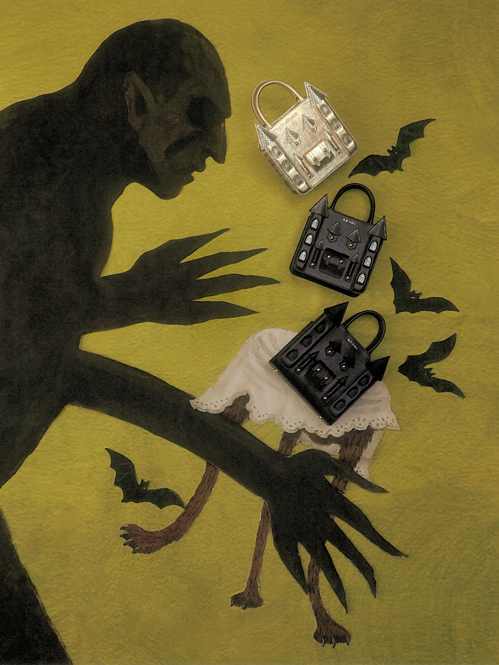 Düstere Romantik: Kampagnen-Illustration für die Kollektion „The Chronicles I“ von Abodi Transylvania mit den ikonischen, burgzinnenförmigen Handtaschen.
