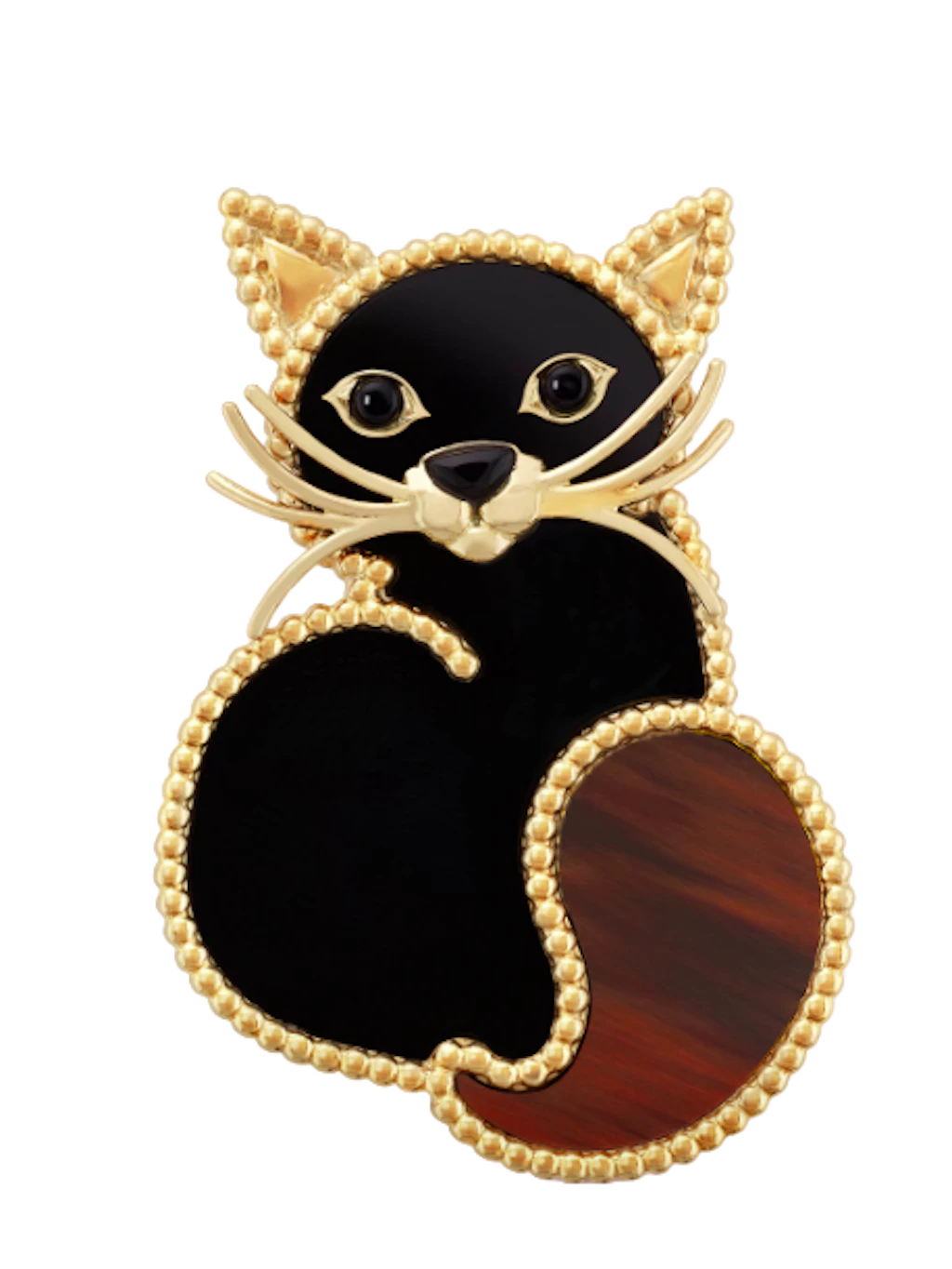 Brosche „Lucky Animals Katze“ aus 18-karätigem Gelbgold mit Mahagoni-Obsidian und Onyx, Van Cleef & Arpels, 7200 Euro.