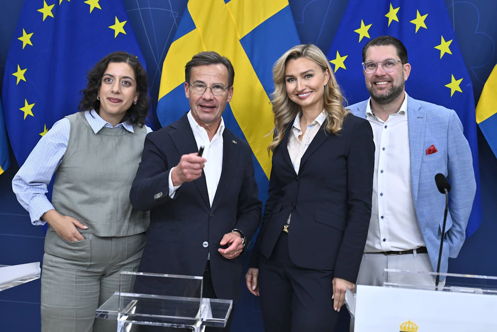Schwedens rechtes Lager: Simona Mohamsson (Liberale), Ulf Kristersson (Moderate), Ebba Busch (Christdemokraten) und Jimmie Åkesson (Schwedendemokraten, von links).