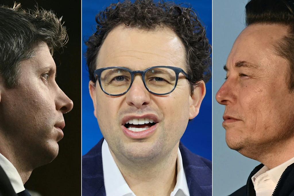 OpenAI-Chef Sam Altman (von links), Anthropic-Chef Dario Amodei und xAI-Gründer Elon Musk unterstützen eine Verlangsamung der KI-Entwicklung.