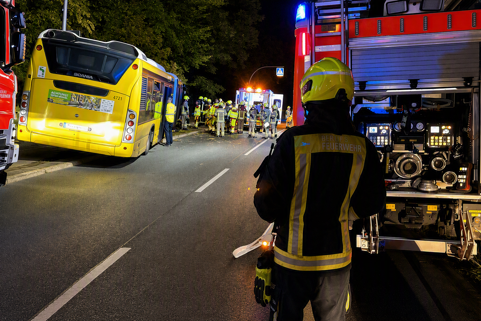 BVG-Bus rammt in der Nacht Straßenbaum: 11 Insassen werden verletzt
