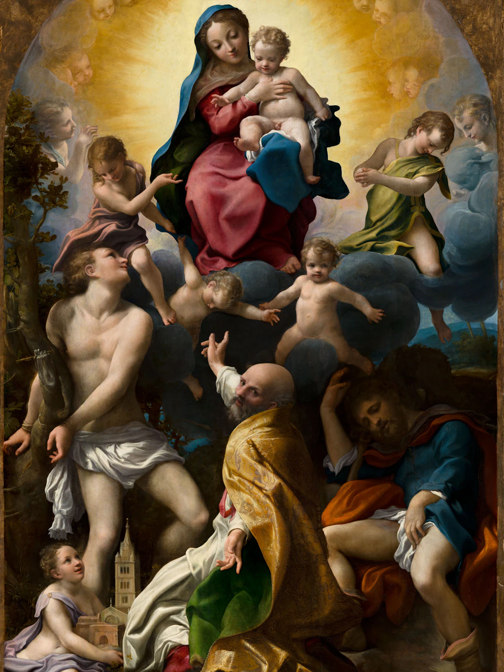 Correggio, „Madonna des heiligen Sebastian“, um 1524, Öl auf Pappelholz (Ausschnitt; nach der Restaurierung)