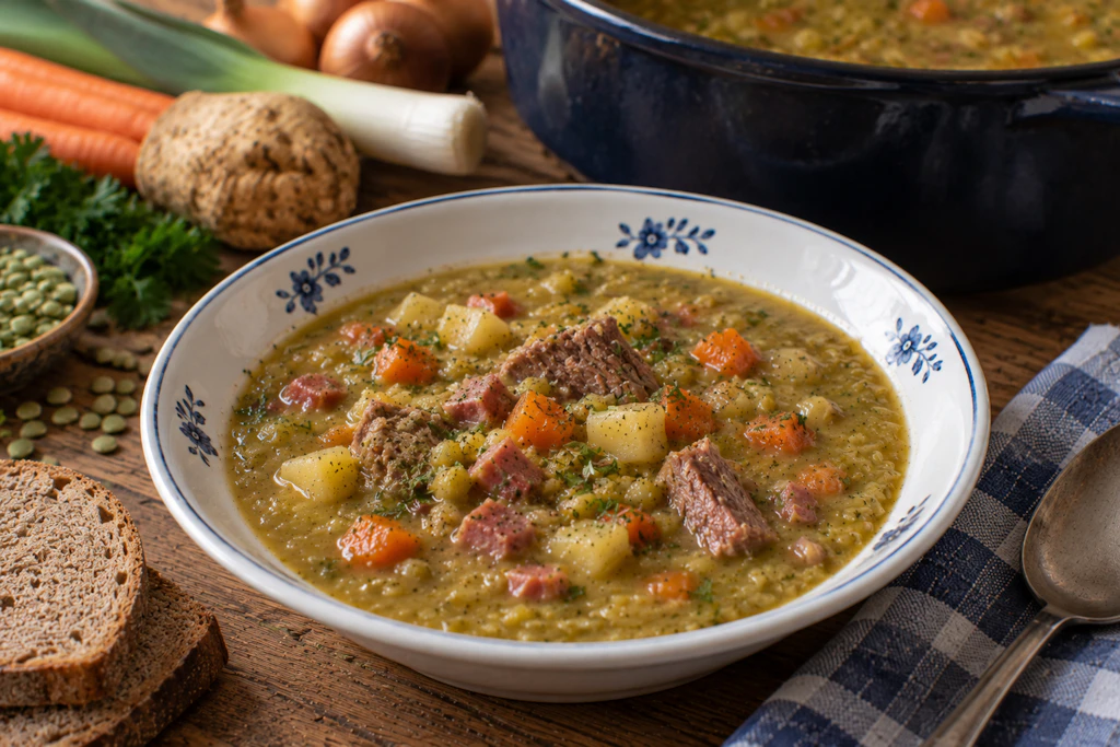 Erbsensuppe mit Suppenfleisch und Schinken: Dieser Eintopf macht wirklich satt
