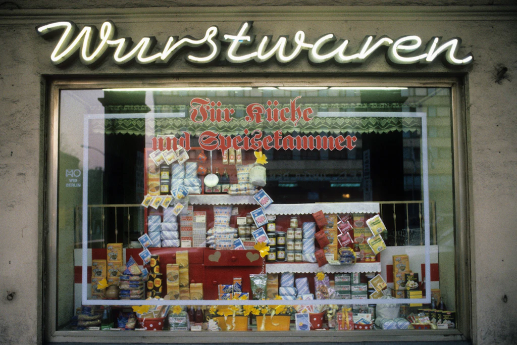 Der Blick in ein Ost-Berliner Lebensmittelgeschäft, dass auch „Wurstwaren“ anbot.