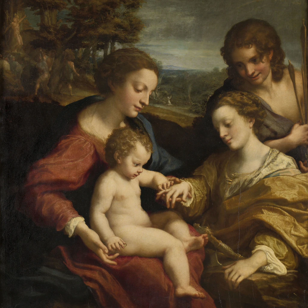 Eine der besonderen Leihgaben, die erstmals überhaupt den Louvre verlassen hat: Correggios „Mystische Vermählung der heiligen Katharina“, um 1525/1527, Öl auf Holz