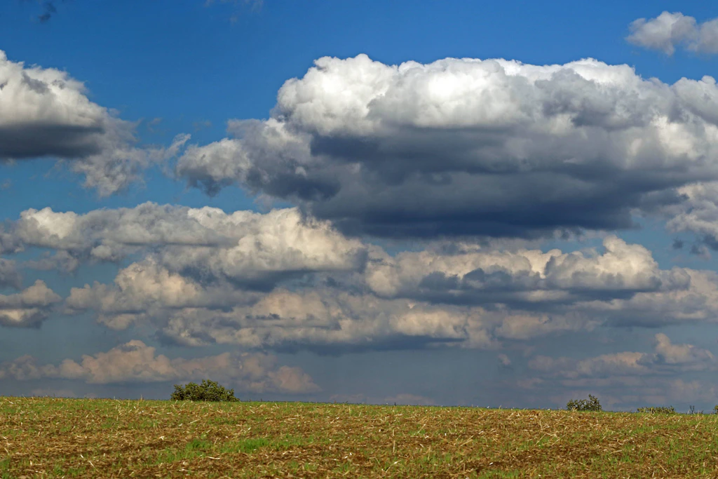 Quellwolken über einem abgeernteten Feld: Nach dem nebligen Start in die Woche steigen die Höchstwerte am Dienstag am Oberrhein auf nahe 30 Grad. (Symbolbild)