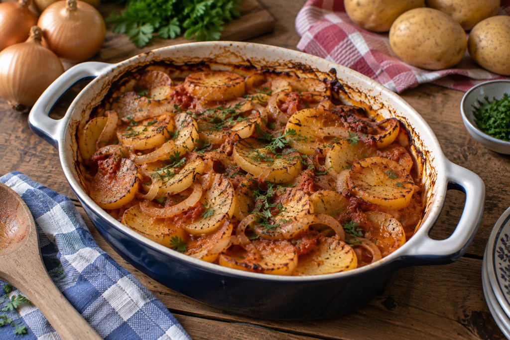 Die Schmorkartoffeln werden in einer Auflaufform im Backofen zubereitet. So gelingt das leckere Rezept quasi von ganz allein.