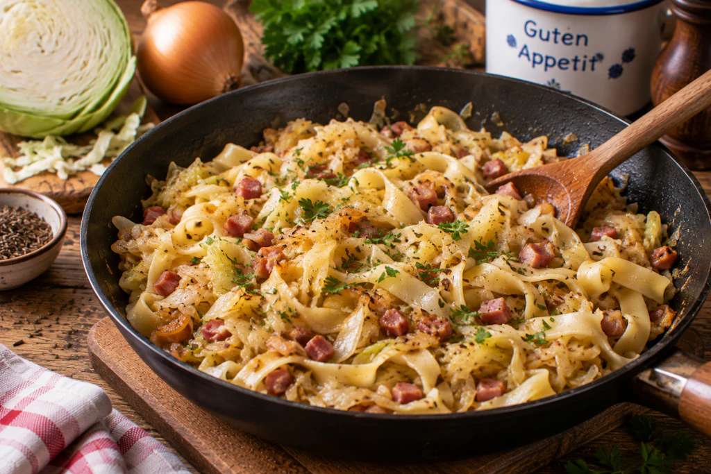 Weißkohl und Nudeln werden in der Pfanne angebraten. Zusammen mit Schinken und Gewürzen entsteht die perfekte Mischung aus deftigen Aromen, die die Krautnudeln seit Generationen immer wieder beliebt machen.