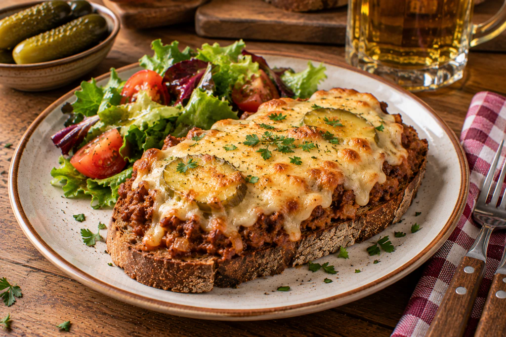 Da läuft einem das Wasser im Mund zusammen: Die Fleischerschnitte vereint alles, was ein richtig gutes überbackenes Brot aus dem Ofen ausmacht. Lassen Sie es sich schmecken!