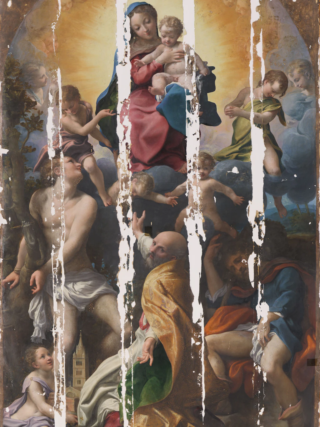 Correggios „Madonna des heiligen Sebastian“" im März 2024, als alle Firnis- und Farbschichten abgetragen waren (Ausschnitt).