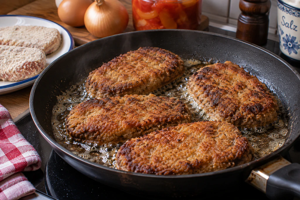 Sie sehen aus wie panierte Schnitzel, doch das sind Bratstullen! Die Brotscheiben werden mit Hack bestrichen und dann paniert in einer großen Pfanne goldbraun angebraten.