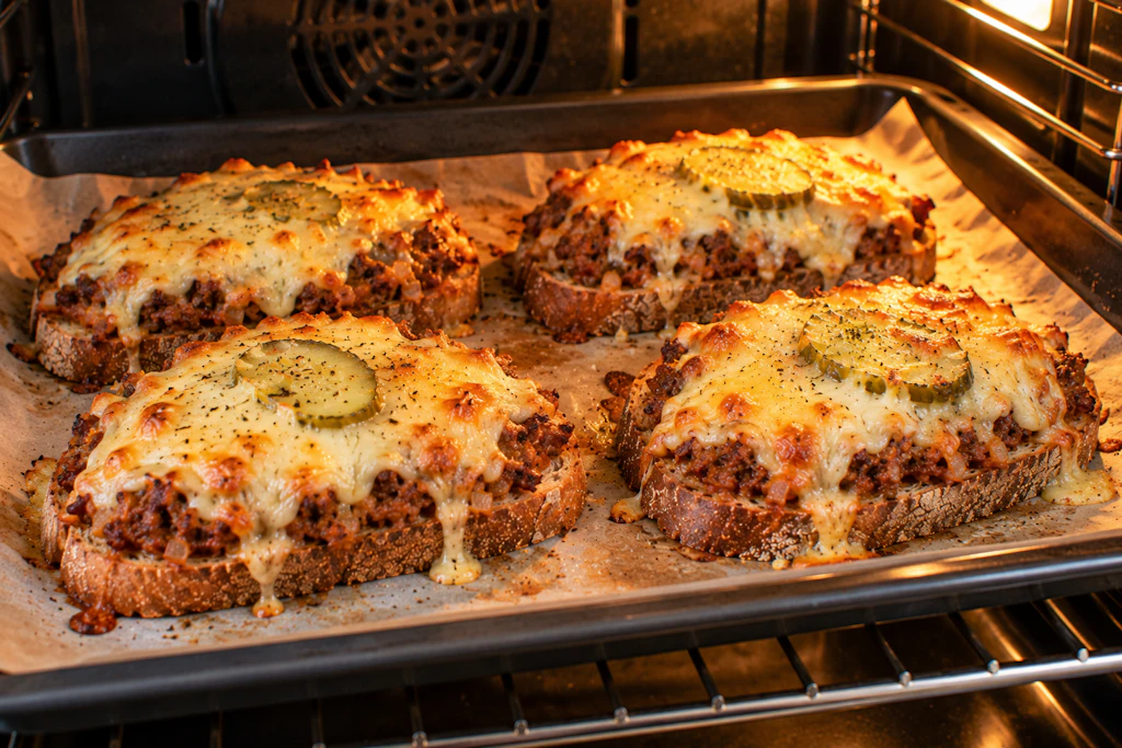 Die Fleischerschnitten werden im Ofen überbacken, bis der Käse goldbraun ist. Als Abendbrot eignet sich das Rezept perfekt, denn diese Stullen sind ruckzuck auf dem Teller!