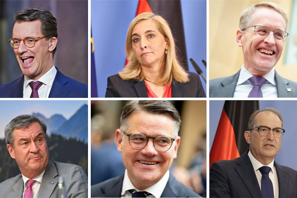 Sechs mögliche Kandidaten für die Kanzler-Nachfolge (v.l.o.n.r.u.): NRW-Ministerpräsident Hendrik Wüst, Kanzleramtschefin Nina Warken, Schleswig-Holsteins Ministerpräsident Daniel Günther, Bayerns Ministerpräsident Markus Söder (CSU), Hessens Ministerpräsident Boris Rhein und Bundesinnenminister Alexander Dobrindt (CSU).