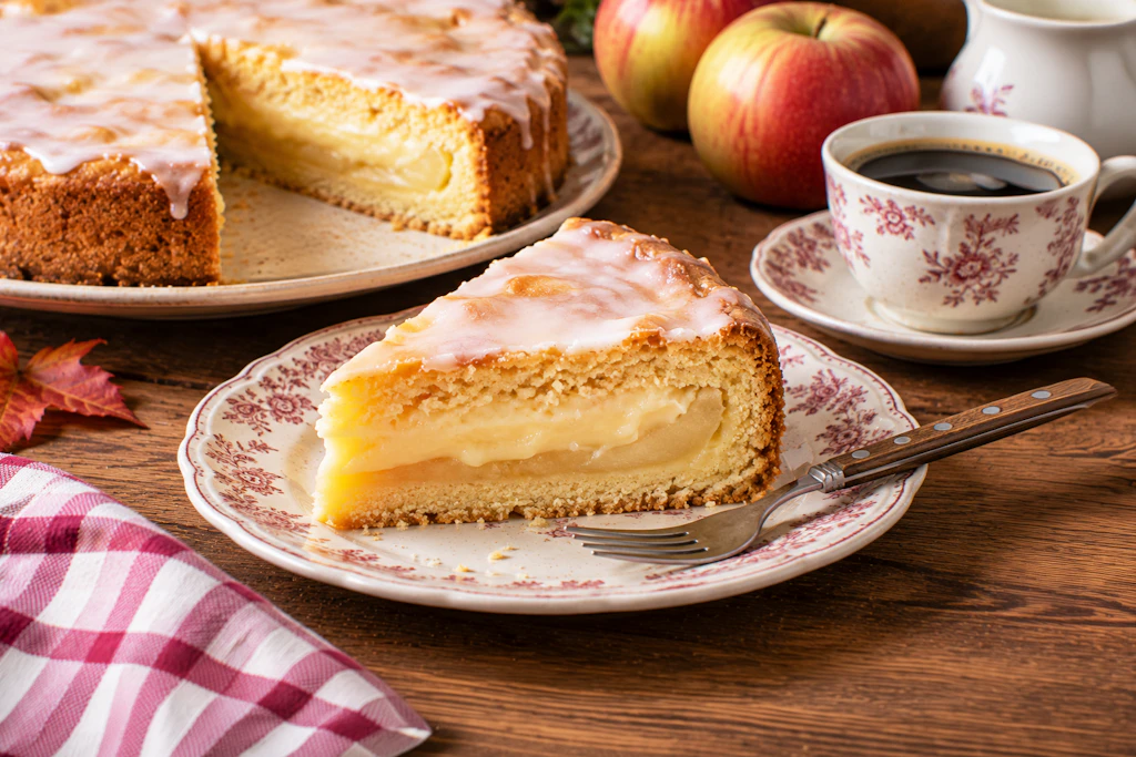 Pudding UND Apfelmus in einem Kuchen mit Decke? Ja, das geht! Mit unserem Rezept backen Sie einen gedeckten Apfelkuchen, dessen Kern ganz besonders cremig ist. Foto mit KI generiert.