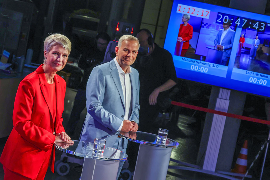 Manuela Schwesig (SPD) und Leif-Erik Holm, Ministerpräsidentenkandidat der AfD, trafen in einem TV-Duell aufeinander.