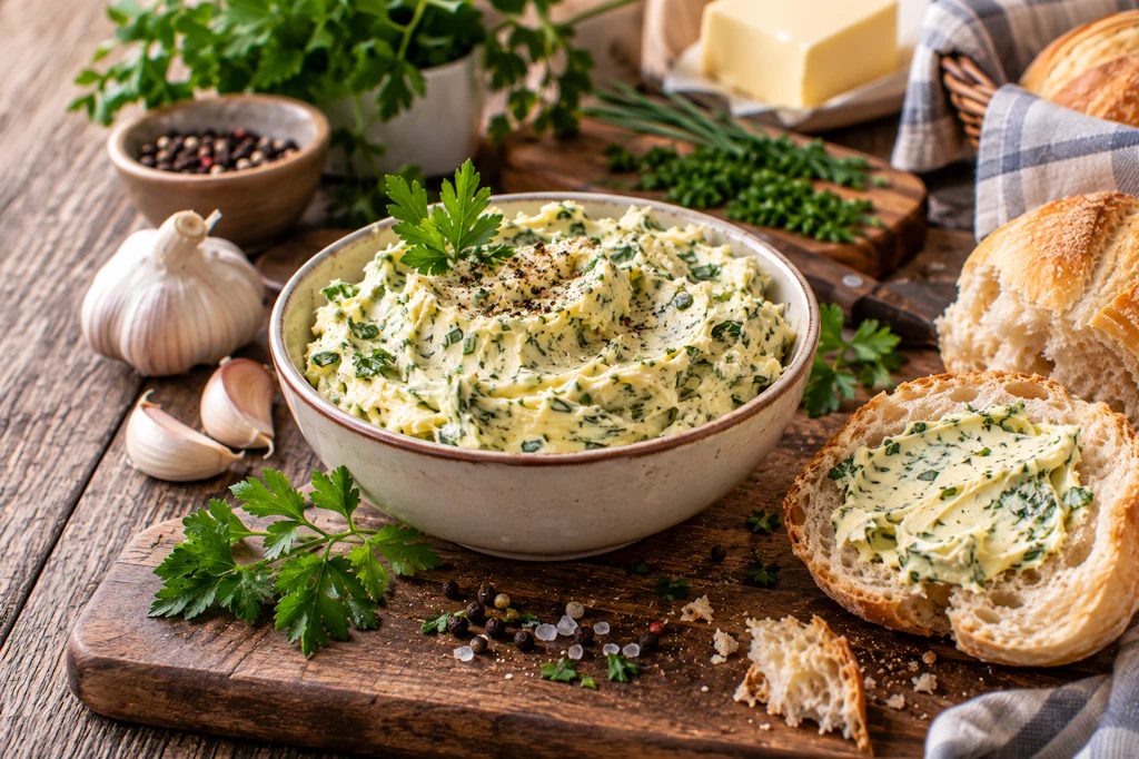 Kräuterbutter war für mich immer ein Lebensmittel, das man mal für Rezepte gebraucht hat. Ich hätte sie mir nie aufs Brot geschmiert. Aber das Rezept meiner Mama hat alles verändert. Foto mit KI generiert.