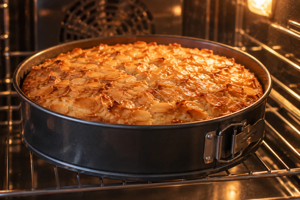 Beim Backen bekommt der Bienenstich seine goldbraune Mandelkruste. Erst nach dem Abkühlen wird der Kuchen mit der Creme gefüllt.