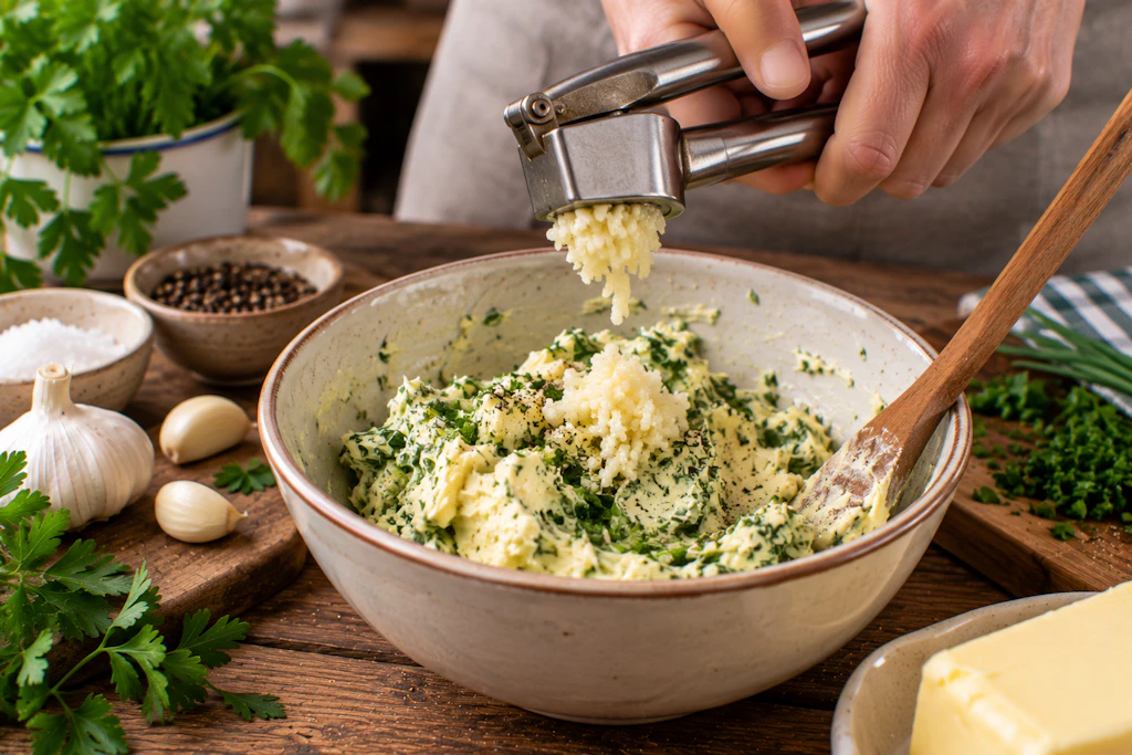 Ich bin dagegen, bei der Kräuterbutter mit dem Knoblauch zu sparen. Auch wenn man danach keinen Zahnarzttermin haben sollte, macht der Knoblauch die Kräuterbutter erst besonders.