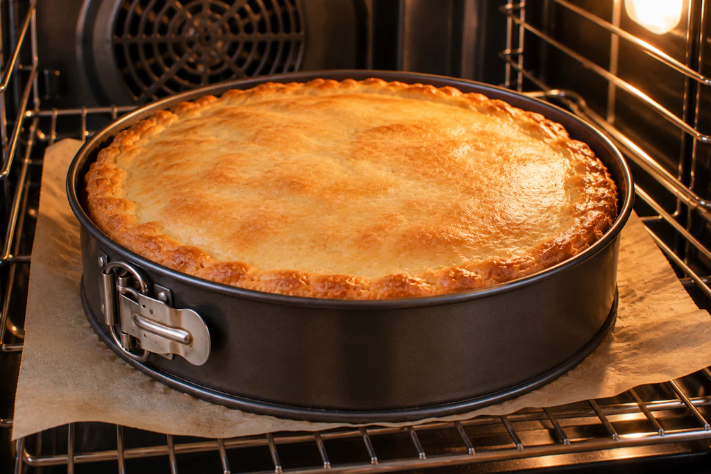 Beim Backen wird die Oberfläche des Kuchens goldbraun, später wird der gedeckte Apfelkuchen noch mit einer dünnen Zuckerglasur überzogen.
