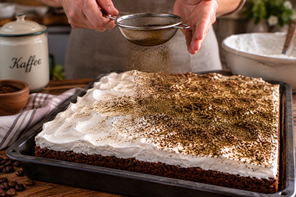 Der fertige Kuchen wird mit Kaffeepulver bestäubt. Das Ergebnis: Der Kuchen bekommt eine grünlich schimmernde Schicht, die ihm seinen Namen Mooskuchen gibt.