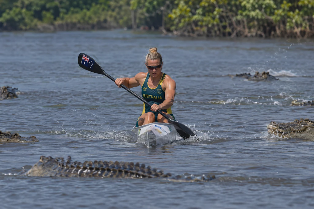 Krokodile im Kanu-Kurs – eine KI-generierte Zuspitzung der Debatte um den Olympia-Austragungsort Fitzroy River.