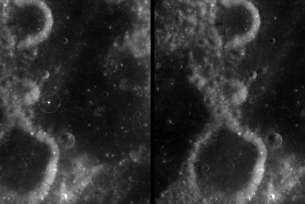 Vorher und nachher: Links ist das ausgeworfene Material rund um den neuen Krater markiert, rechts dieselbe Stelle im Jahr 2011. Der gezeigte Ausschnitt ist rund 61 Kilometer breit.