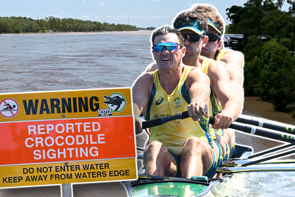 Montage aus olympischen Ruderern, dem Fitzroy River und einem Krokodil-Warnschild. Auf dem Fluss sollen 2032 die olympischen Ruderwettbewerbe stattfinden.
