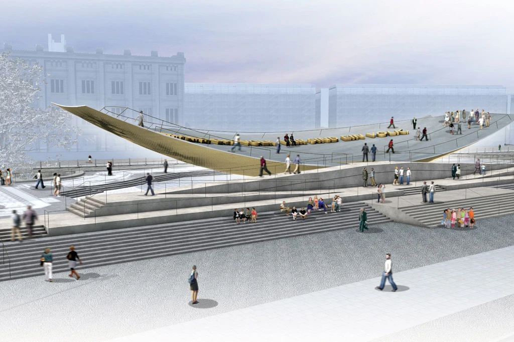 Die Visualisierung zeigt den Entwurf der Choreografin Sasha Waltz und der Stuttgarter Szenografen Milla &amp; Partner für das in Berlin geplante Freiheits- und Einheitsdenkmal.