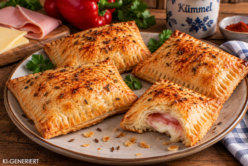Die Käsetaschen aus Blätterteig können beliebig gefüllt werden – mit Schinken, Salami oder frischem, klein geschnittenem Gemüse. Lassen Sie es sich schmecken!