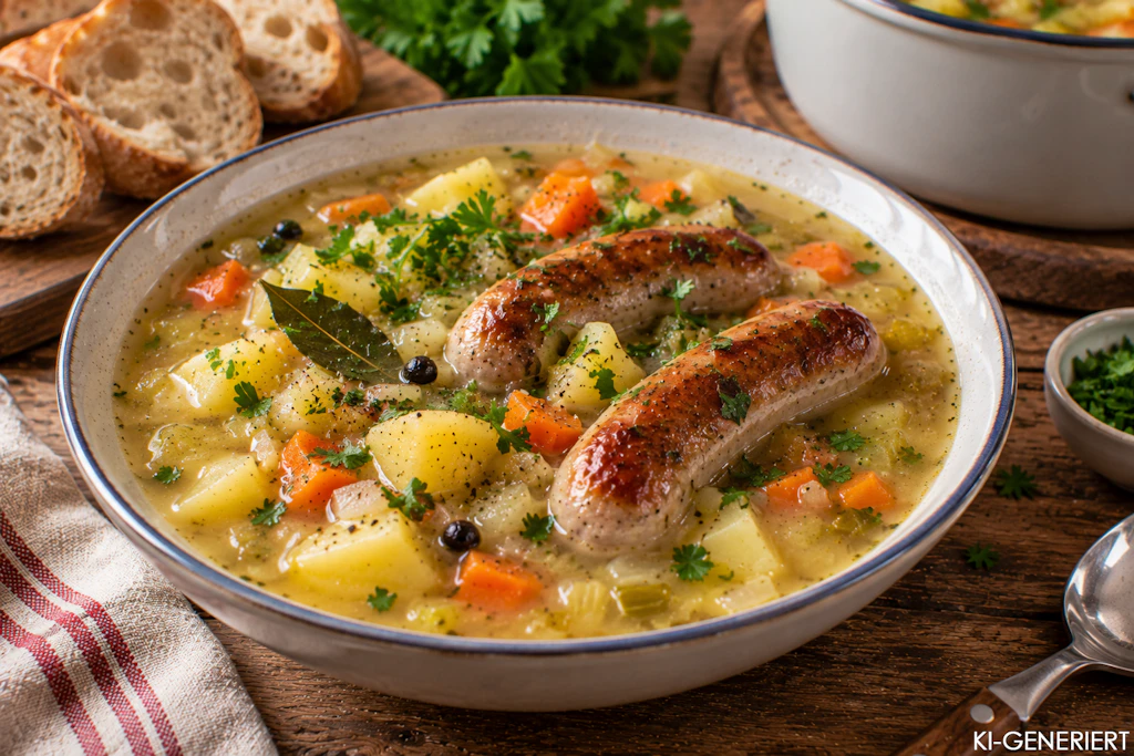 Rezept für Berliner Kartoffelsuppe: Herzhaft und mit goldbrauner Bratwurst