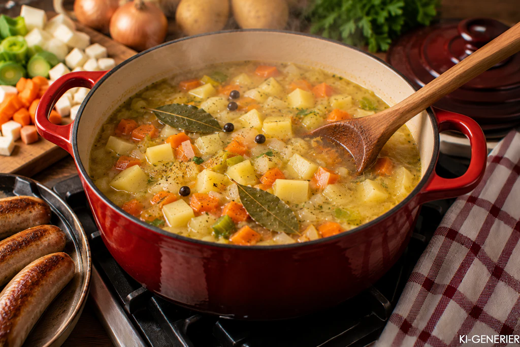 Die Kartoffelsuppe muss im Topf köcheln, die angebratenen Bratwürste kommen erst zum Schluss dazu.