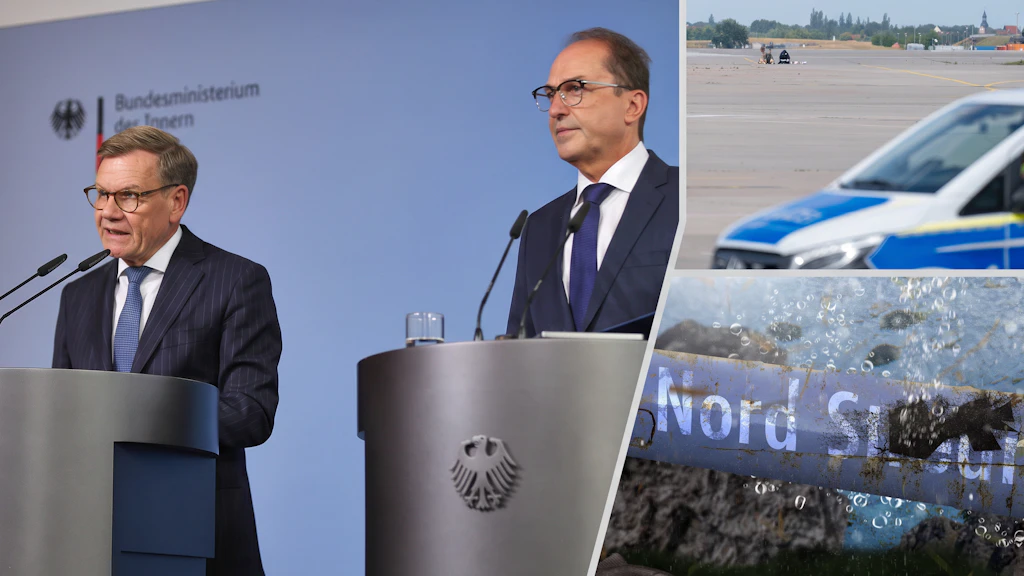 Zwei Tatorte, ein Podium: Während die Ermittlungen am Flughafen Leipzig/Halle (oben rechts) binnen Wochen zur offiziellen Schuldzuweisung an Russland führten, verweist die Bundesregierung bei der Sprengung der Nord-Stream-Pipelines (unten rechts, Symbolbild) auch nach Jahren auf die Zuständigkeit der Justiz. (Montage)