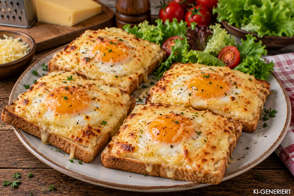 Leckere Eierschnitten mit Käse: So sehen sie aus, wenn sie fertig sind. Ein herrliches Abendbrot, das schnell und mit den einfachsten Zutaten aus dem Kühlschrank zuzubereiten ist.