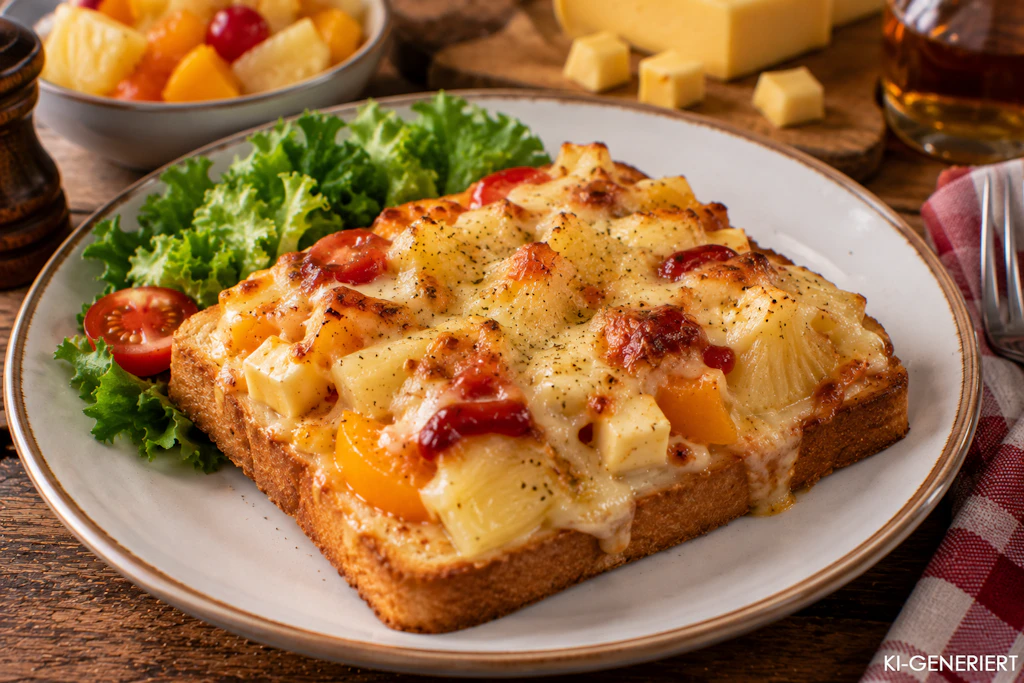 Südseetoast ist eine gewagte Kombination mit Früchten, ganz anders als die handelsübliche Karlsbader Schnitte. Doch ausprobieren kann man dieses einfache Gericht auf jeden Fall!